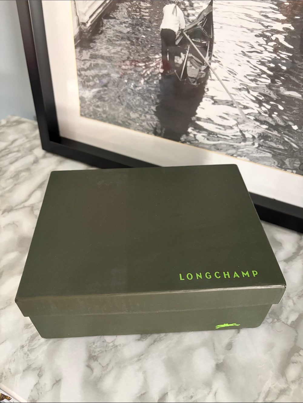 Longchamp Olive Green Storage Box with Lime Logo